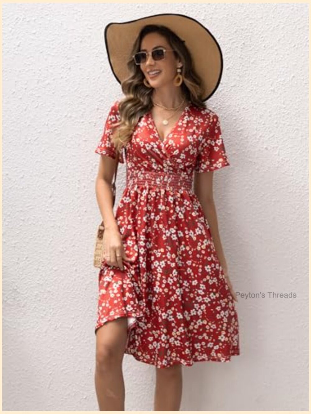 Womens Midi Floral Dress - Short Sleeve Wrap V-Neck Summer Dress with Smocked - Picture 5 of 7